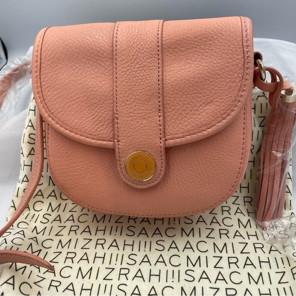 Isaac Mizrahi Pink Crossbody Bag. Bridge Hampton pebbled leather. Adj strap. New